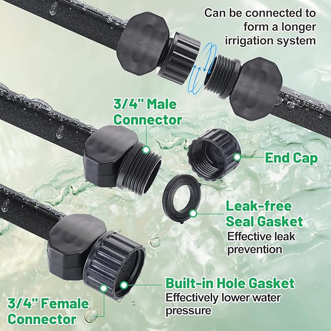 Soaker Hose 75FT for Garden Beds - 3/4" Heavy Duty Double Layer Drip Irrigation Hose, Save 85% Water- Linkable Flat Soaker Hose for Lawn Flower Bed Vegetable Field Effective Watering