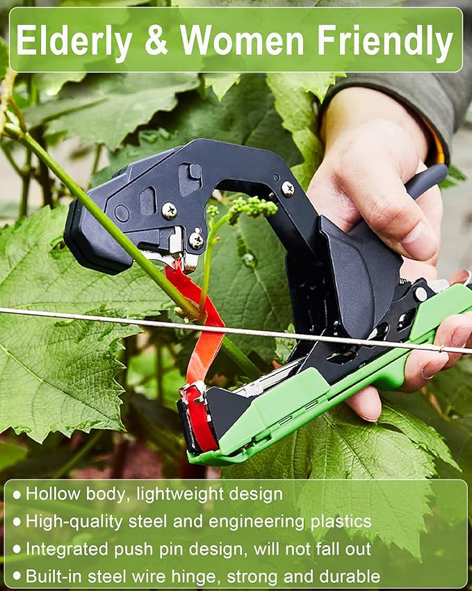 PATILWON Plant Tying Machine with Green Tape - Lightweight Plant Tie Tool for Vine Plants, Includes Staples, Blades, and 20 Rolls of Elastic Tape for Gardening