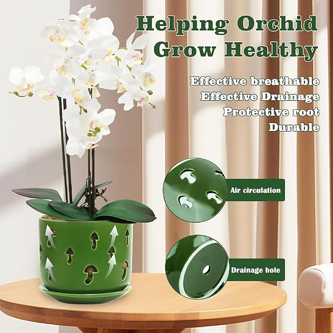Set of 2 Orchid Pots with Holes & Saucers for Orchid Root Health, 5 inch&6 inch Ceramic Pots for Plants, Effective Drainage and Ventilation to Assist New Plants or Repotting (Patina-2, 5&6)