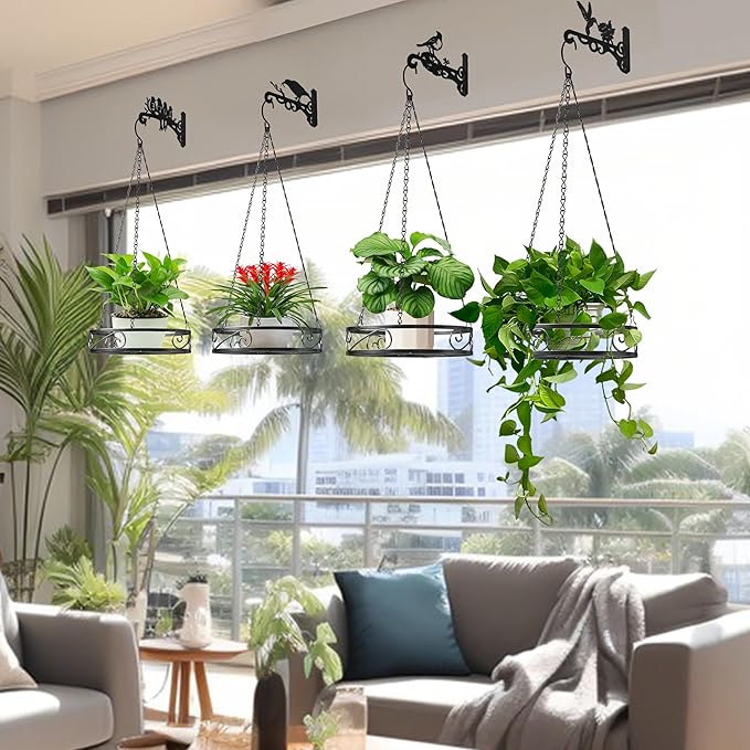 8-Pack Metal Hanging Planters for Indoor Plants - Heavy Duty Anti Rust 4 Hanging Plant Holder with 4 Bird Patterned Plant Hanger – Aesthetic Flower Pot Holder for an Instant Indoor and Outdoor Decor