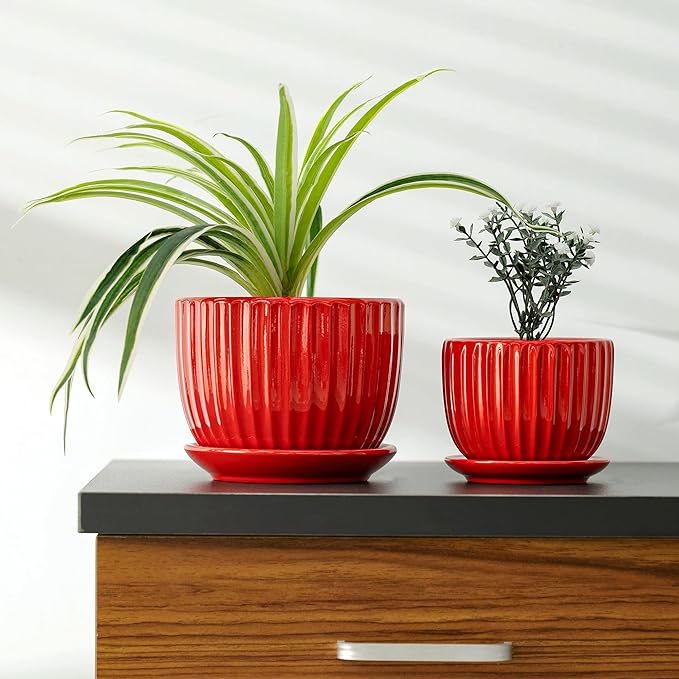 Ton Sin Ceramic Plant Pots - 4/5/6 Inch Red Planters Set of 3 with Drainage Holes and Saucer - Indoor Flower Pots for Plants Ceramic Planters for Indoor Gardening Succulent Pots
