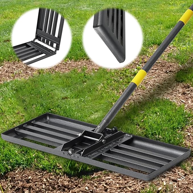Lawn Leveling Rake, Foldable 26.7"x10" Level Lawn Tool with Curved Edge,Heavy Duty Lawn Level Tool, 6FT Long Handle Lawn Leveler for Yard Garden Golf Course, Soil Sand Dirt Spreading Leveling Rake