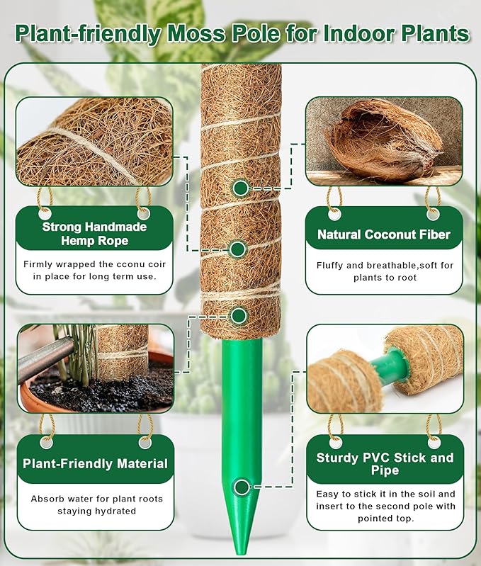 EAONE Moss Pole 168 Inch, 8 Pack 21" Monstera Plant Support for Climbing Potted Live Plants Indoor, Stackable Coco Coir Moss Sticks Monstera Stakes for Pothos Philodendron, with Garden Labels & Ties
