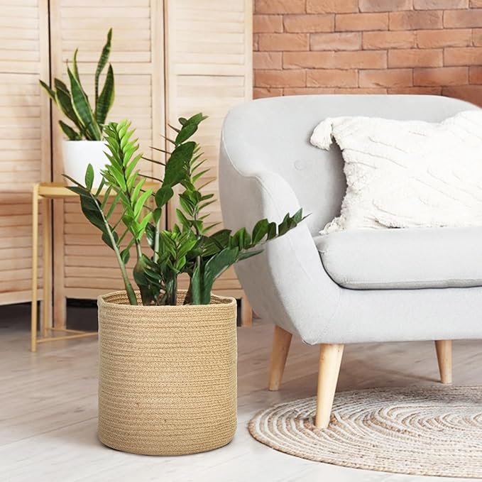 Woven Jute Plant Basket, Wicker Basket Planter for 10 inch Pot, Round Indoor Outdoor Tree Pot Cover, Small Boho Storage Bin Organizer, Rustic Basket for Plants and Home Decor, 11”X11”