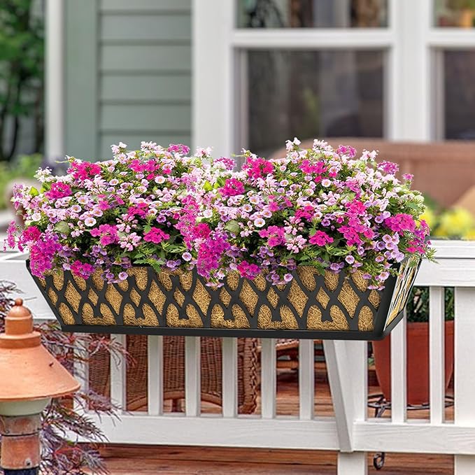 2 Pack 30 Inch Window Boxes Planters Railing Planter Box with Adjustable Brackets for Porch Fence Patio Balcony Hanging Flower Baskets with Coco Liners for Outdoor Garden Decor - Black
