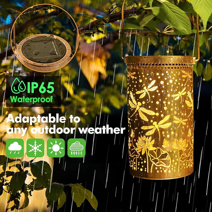 Fabuday Dragonfly Lotus Outdoor Solar Lantern Waterproof 2 Pack - Hanging Solar Power Lights Led for Outside, Garden Decor for Patio, Porch, Balcony, Yard and Deck, Gardening Decoration Gift for Women