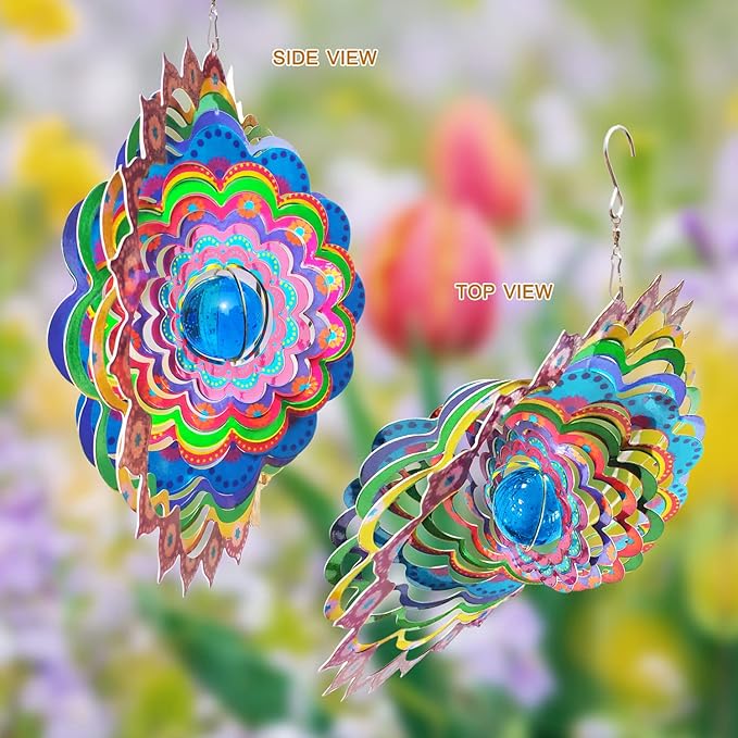 FONMY Mandala Wind Spinner w/Crystal Ball Peacock- 3D Stainless Steel Hanging Spinners Worth Gift Christmas Decoration Indoor/Outdoor Garden Décor Kinetic Yard Art 12 Inches Wind Sculpture