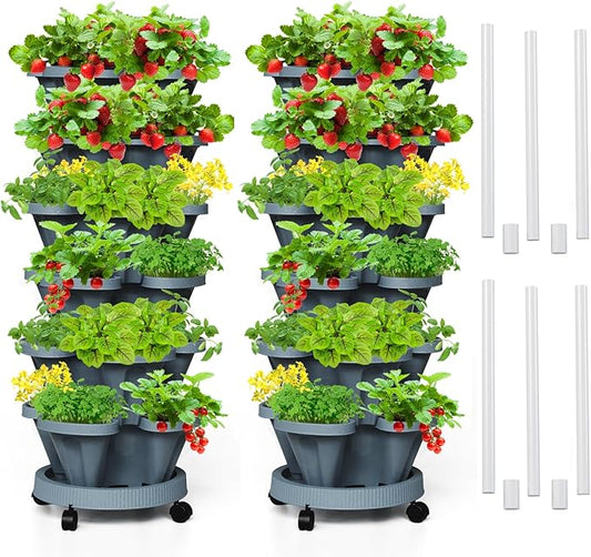 Strawberry Vertical Planters Tower Garden 2 Pack, 6 Tiered Stacking Herb Planter with Support Pole Indoor and Outdoor - Hunter Green