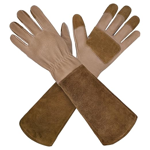 HLDD HANDLANDY Long Sleeve Leather Gardening Gloves,Puncture resistant,Breathable Pigskin Leather Gauntlet,Rose Pruning Floral Gauntlet Garden Gloves For Women and Men (Small, Brown)