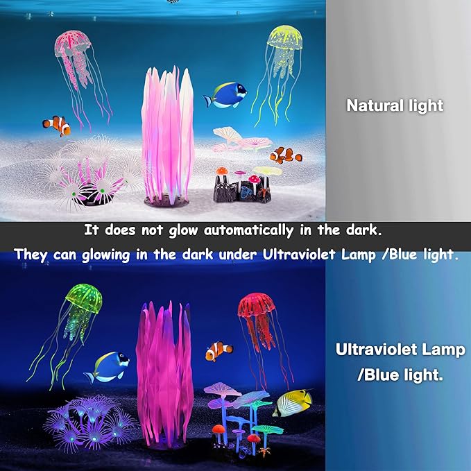Lpraer 5 Pack Glow Aquarium Decorations Kelp Coral Mushroom Sun Flower Jellyfish Simulation Glow Plant Glowing Effect Silicone for Fish Tank Decorations