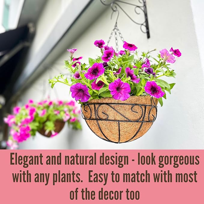 LaLaGreen Hanging Planter for Outdoor Plants (2 Pack, 14 Inch) White Hanging Baskets with Coco Liner, Metal Wire Flower Basket Pots with Hook Hanger Balcony Porch Farmhouse Country Style Garden Decor