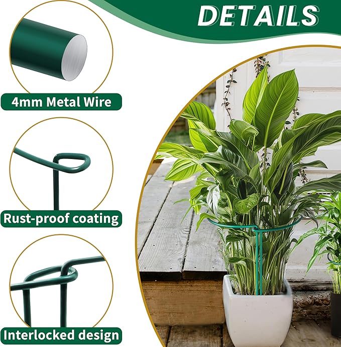 TCBWFY 10 Pack Garden Plant Support Stakes,10" Widex16 High Heavy Duty Interlinked Half Round Peony Support Ring Cage for Indoor Outdoor Plants,Plant Supports for Peony,Tomato,Hydrangea,Rose