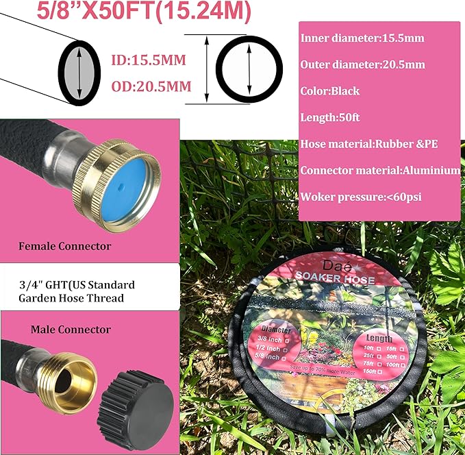 Rubber Soaker Hose, 5/8 inch, 50ft Garden Hose for Irrigation,Water-Saving up to 70%, Aluminium Connector Leak-Proof, Heavy-duty Hose, Watering for Trees,Lawns, Vegetables and Flowers.