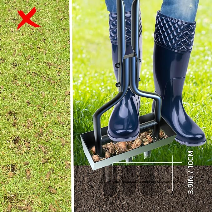 Manual Lawn Aerator with Tray & 3 Hollow Slots Manual Soil Corer Collector Lawn Plug Core Aeration Tool Heavy Duty Lawn Core for Soils & Lawns Yard Garden, 37.6 inches, Black