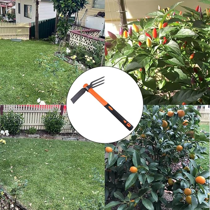 LUBAN 3 Sprongs Dual Head Rake Hoe with Heavy Duty Forged Adze and Ergonomic Non-Slip Handle for Loosening Soil, Gardening, Camping Outdoor 39mm/15-Inch