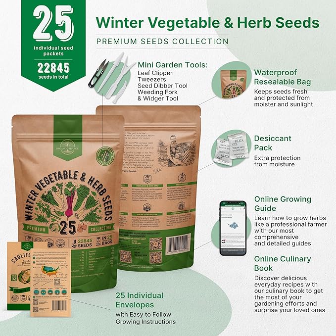Organo Republic 25 Winter Vegetable & Herb Garden Seeds Variety Pack for Outdoors & Indoor Home Gardening 5000+ Non-GMO Heirloom Seeds Broccoli Beet Carrot Cabbage Radish Pea Mint Thyme Parsley
