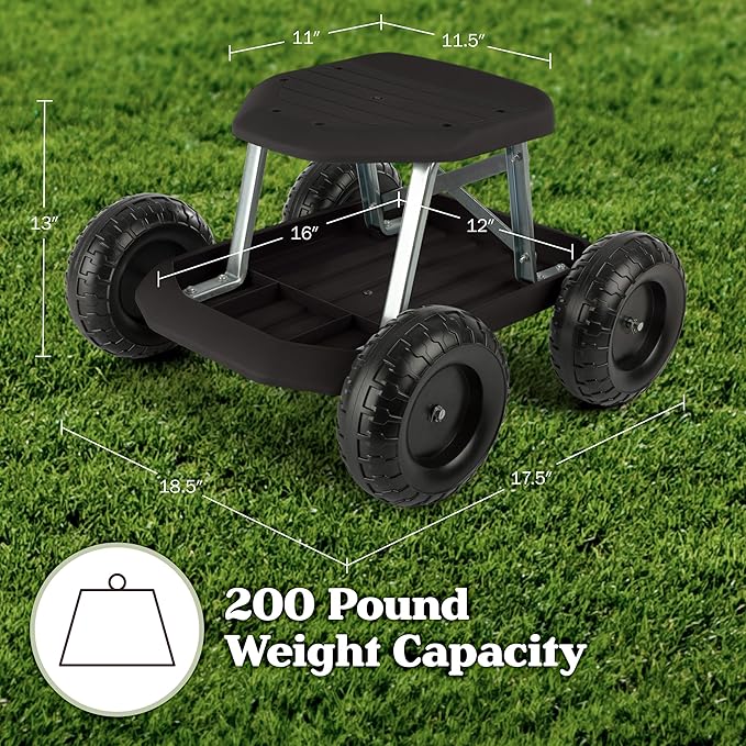 Pure Garden Gardening Stool - Rolling Garden Seat with Wheels and Storage Tool Tray - Garden Cart Scooter - Yard Tools (Black)
