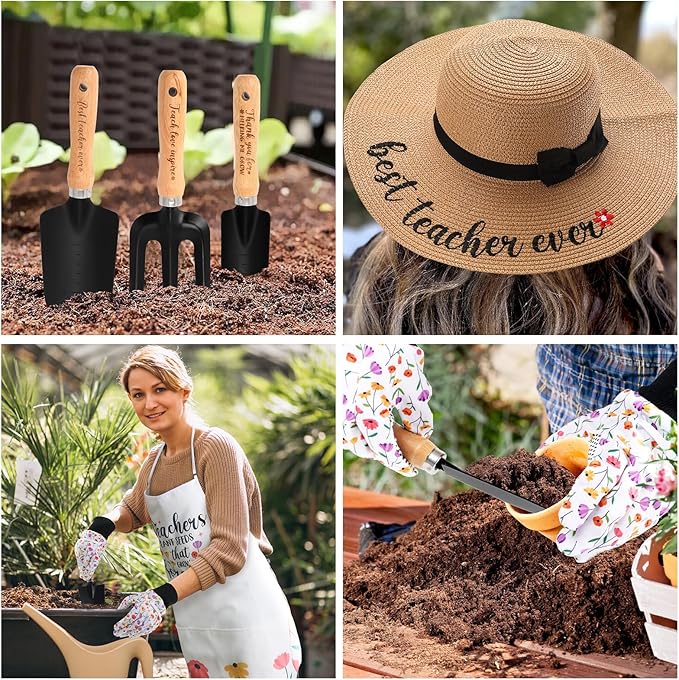 Percozzi Teacher Appreciation Gifts, Gardening Tools Kit Planting Hand Tools Straw Hat Apron Glove Women Birthday Spring Basket Plant Lovers Outdoor Yard Lawn Supplies Set of 6