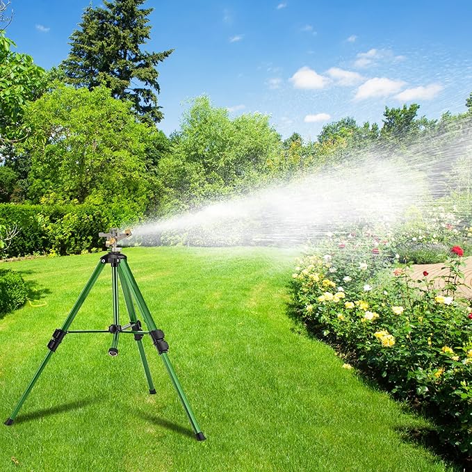 Impact Sprinkler on Tripod Base, 2 Pack Lawn Sprinkler for Yard 360 Degree Large Area Water Sprinkler for Lawn Heavy Duty Garden Sprinkler with 3/4 Inch Connector Extension Legs Flip Locks