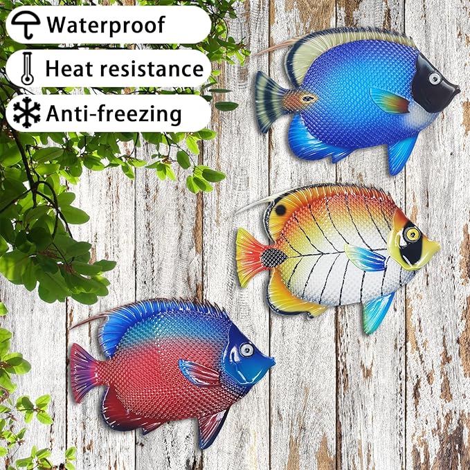 John's Studio Metal Fish Sea Wall Decor Outdoor Garden Hanging Art Sculptures Home Ocean Theme Decorations for Kitchen Bathroom and Pool - 3 PCS