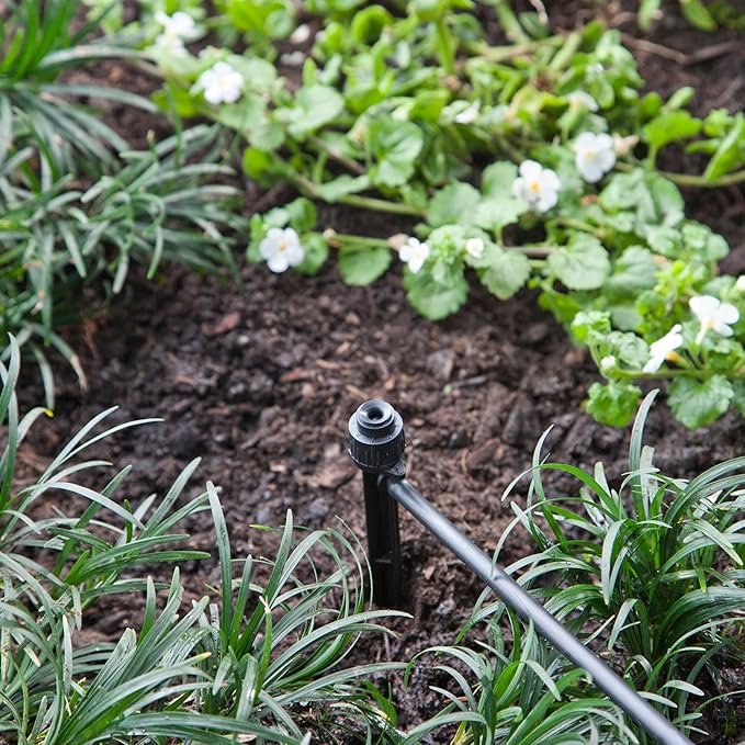 Raindrip 15300UB Adjustable Flow Bubbler, Non-Pressure Compensating Emitters, Fan, with 1/4 in. Barbed Inlet on 5 in. Stake, Black