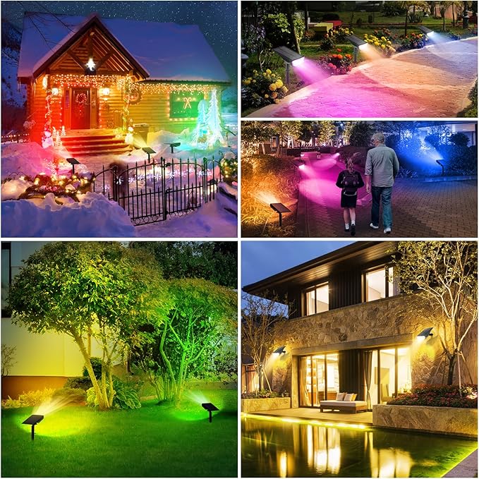 Solar Color Changing Spot Lights Outdoor, Multi-color RGB Solar Landscape Lights IP67 Waterproof, 9 Lighting Modes Solar Powered Spotlights for Christmas Holiday Decorations Yard Garden, 6-Pack