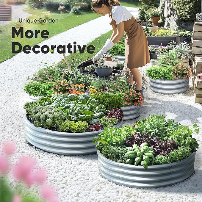 KING BIRD Raised Garden Bed Galvanized Round Planter Box Outdoor for Gardening, Plants, Vegetables, Flowers, Silver, 47x47x12 in