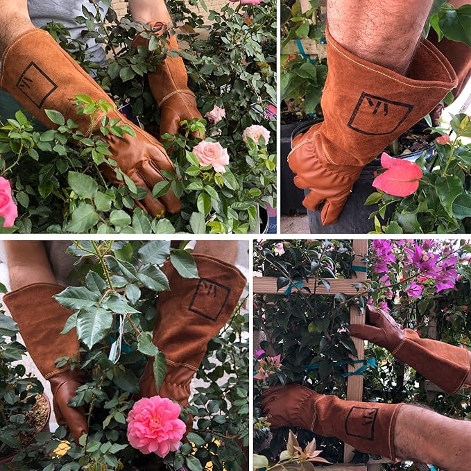 Rose Pruning Gloves, Leather Garden Gloves Long Gardening Gloves for Women and Men Rose Gloves Cut Proof Cowhide Suede Gauntlet Brown Garden Gloves Work Rose Gardening Gloves M