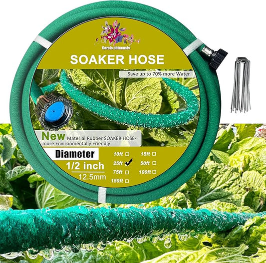 Soaker Hose 1/2inchx 25ft,Green Rubber Hose Water Saving up to 70%,Durable Flexible Soaker Hose that irrigation for Patio Lawn,Trees,Vegetables and Flowers. …