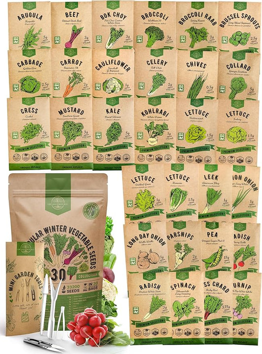 Organo Republic 30 Most Popular Winter Vegetable Garden Seeds Variety Pack- Outdoors/Indoor 8300+ Non-GMO Heirloom Veggie Seeds Broccoli Beet Carrot Cabbage Chives Lettuce Radish Pea Spinach & More