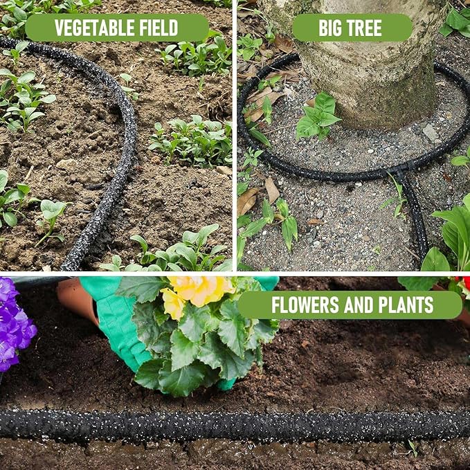 1/4 inch Soaker Hose Tubing for Drip Irrigation, 100FT Garden Beds Soaker Irrigation Tubing Hose with Various Accessories Rubber Longer Lasting Drip Irrigation Save 70% of Water for Garden and Yard