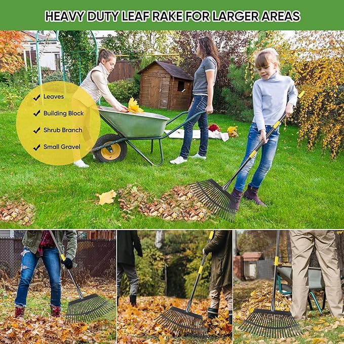 Garden Leaf Rakes, 6FT Rakes for Lawns Heavy Duty 25 Metal Tines 18.5 inch Wide, Adjustable Long Steel Handle, Rakes for Leaves, Gathering Shrub, Leveling Grass, Flower Beds, Yards