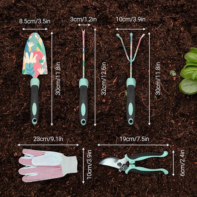 5-Piece Tool Set, Durable Garden Kit with Ergonomic Non-Slip Handles, Accessories and Gifts for Women, Floral Design for Yard and Gardening Work