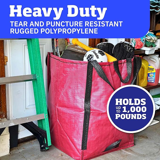 DURASACK Heavy Duty Home and Yard Waste Bag 48-Gallon Woven Polypropylene, Reusable Lawn and Leaf Garden Bag with Reinforced Carry Handles, Pop-Up Self-Standing Garbage Can, Red