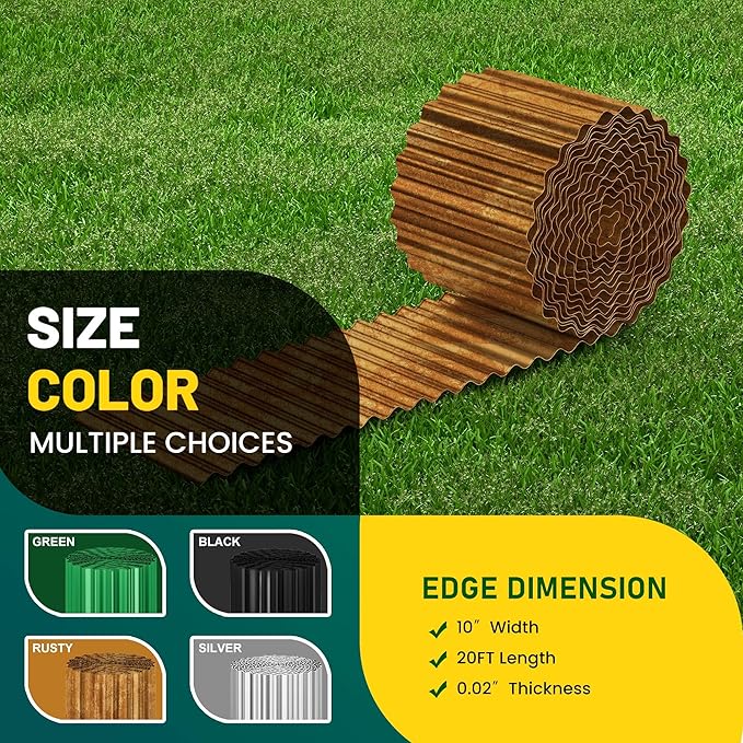 Corrugated Metal Garden Edging, 10"×20Ft Durable Landscape Border for Garden, Lawn, Flower Beds and Paver Edging (Rusty)