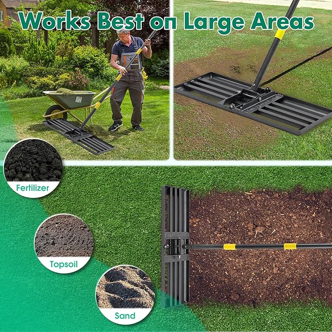 Lawn Leveling Rake, Foldable 26.7"x10" Level Lawn Tool with Curved Edge,Heavy Duty Lawn Level Tool, 6FT Long Handle Lawn Leveler for Yard Garden Golf Course, Soil Sand Dirt Spreading Leveling Rake