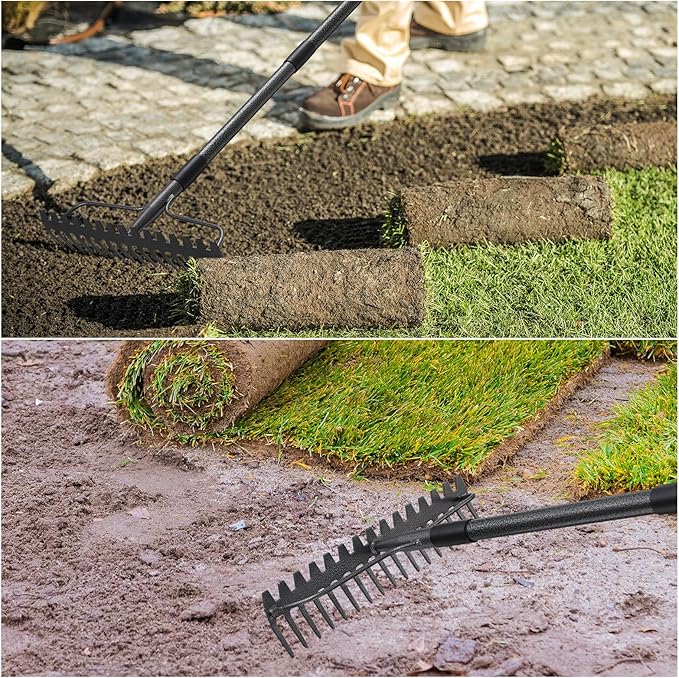 36'' Bow Rake Heavy Duty Garden Rake with Stainless Steel Handle, Tines Metal Head Rake Tool for Loosening Soil Gathering Leaf Leveling Lawn Farming Land Management Yarn Thatch Rake