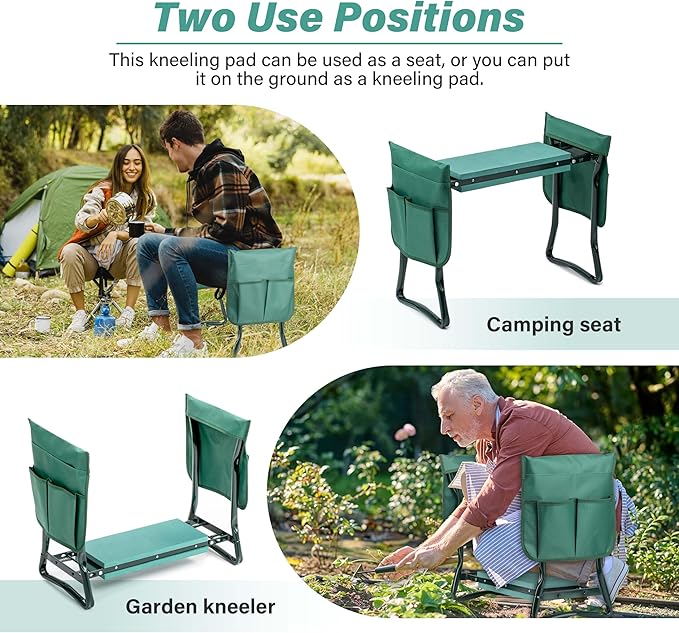 Simple Deluxe Garden Kneeler and Seat, Foldable Kneeling Stool with Thicker EVA Foam Pad Heavy Duty Bench, with Tool Pouch, Gifts for Outdoor Gardening, Fishing, Green, 2 Pack