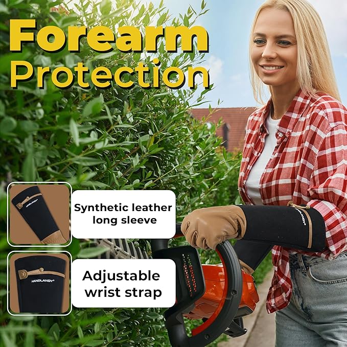 HANDLANDY Long Gardening Gloves for Men & Women, Cowhide Leather Rose Pruning Gloves, Breathable Thorn Proof Gauntlet Gloves (Brown-Cowhide, S)