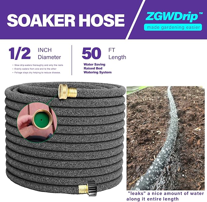 Soaker Hose 50 FT,1/2 Inch Soaker Garden Hose with 3/4" Solid Brass Connectors Save 80% Water Drip Irrigation Kit for Lawn/Yard Landscaping beds
