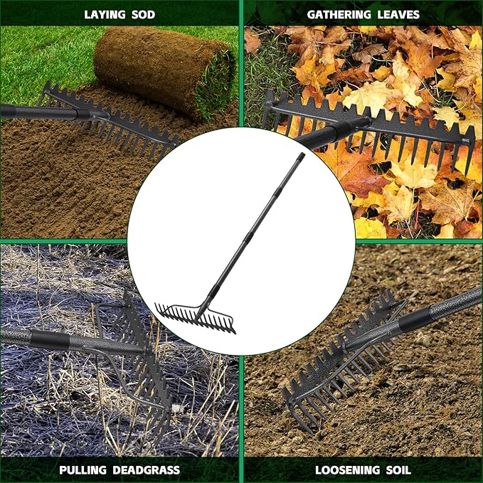 63'' Bow Rake ，17 Tines Metal Head Rake with Stainless Steel Handle，Heavy Duty Garden Rake for Loosening Soil Gathering Leaf Leveling Lawn Farming Land Management Yarn Thatch Rake