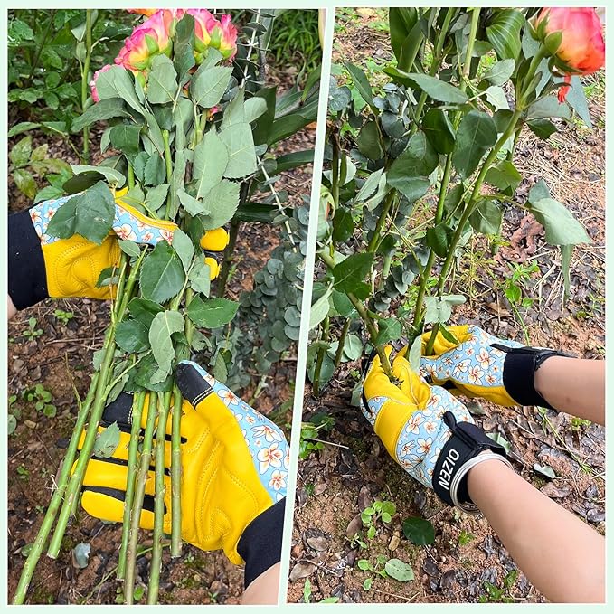 Cowhide Leather Thorn Proof & Puncture Resistant Gardening Gloves for Women and Men, Touchscreen Compatible Working Gloves for Weeding, Digging, Planting, Gardening Gifts for Women (Size Large)