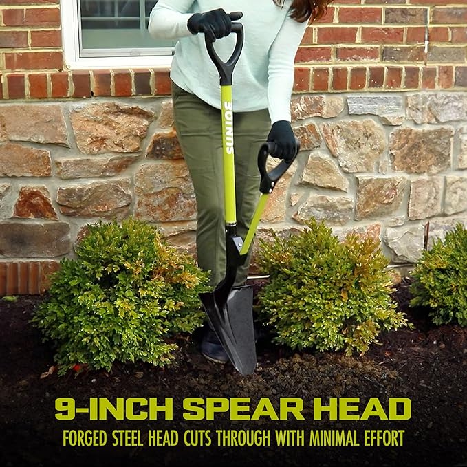 Sun Joe SJ-SHLV07 Shovelution Strain-Reducing Spear Head Digging Garden Shovel, 9-Inch Steel Head, Patented Shovelution Auxiliary Handle
