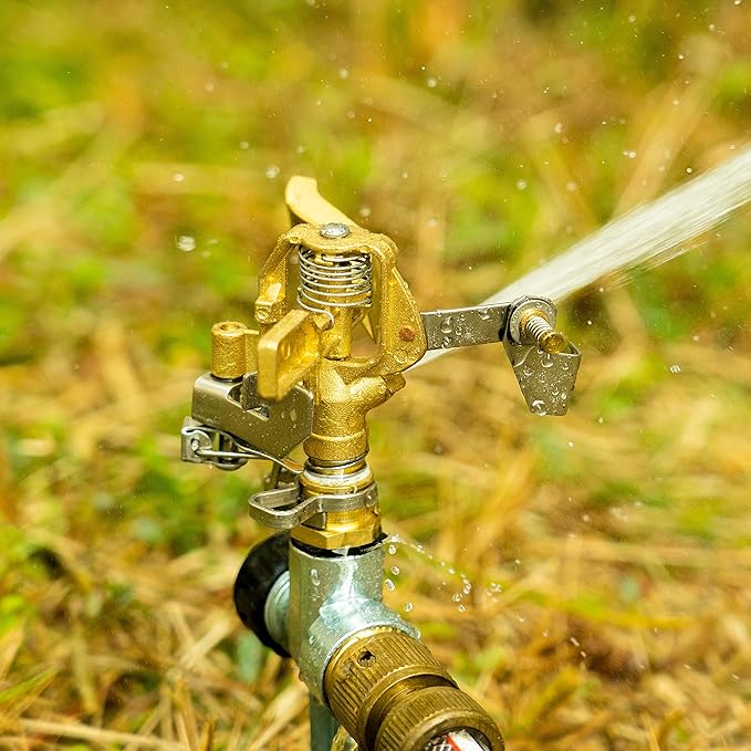 Hourleey 1/2 Inch Brass Impact Sprinkler, Heavy Duty Water Sprinkler Head, Adjustable 0-360 Degree Coverage Pattern, Watering Sprinkler with Nozzles for Large Patio Garden Irrigation (4 Pack)