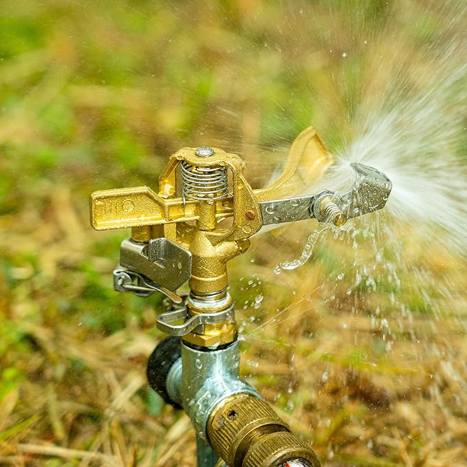 Hourleey 1/2 Inch Brass Impact Sprinkler, Heavy Duty Water Sprinkler Head, Adjustable 0-360 Degree Coverage Pattern, Watering Sprinkler with Nozzles for Large Patio Garden Irrigation (4 Pack)
