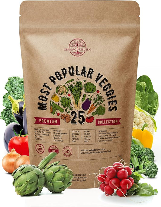 Organo Republic Vegetable Seeds for Planting Vegetables and Fruits - 25 Non-GMO Heirloom Seed Packets for Hydroponic and Outdoor Planting, Semillas de Vegetales para Sembrar