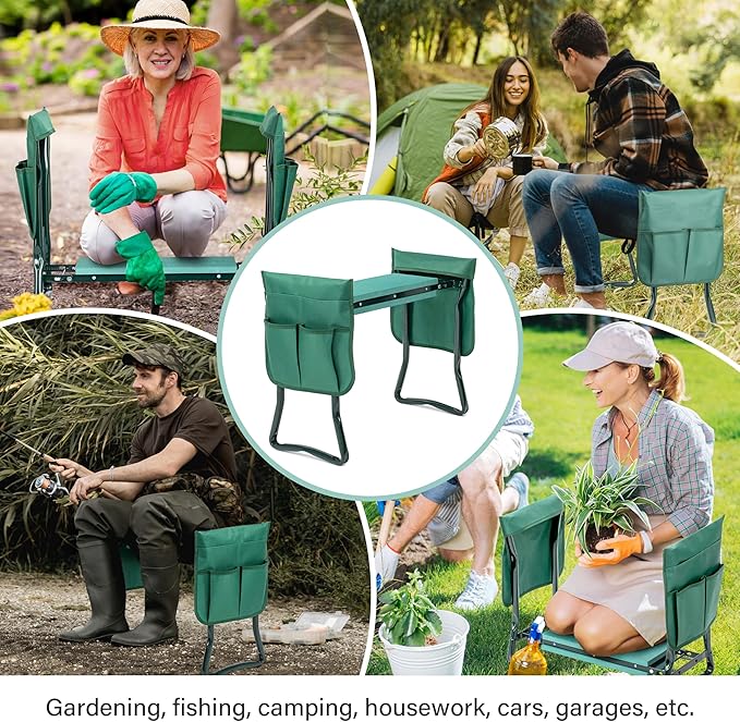 Simple Deluxe Garden Kneeler and Seat, Foldable Kneeling Stool with Thicker EVA Foam Pad Heavy Duty Bench, with Tool Pouch, Gifts for Outdoor Gardening, Fishing, Green, 2 Pack