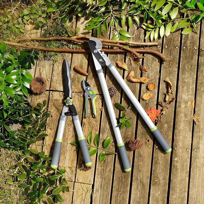 Garden Pruning Shears Hedge Clippers, Updated 3PCS Garden Shears Lopper Combo Set, Branch Cutter with Compound Action, Chops Thick High Branch Ease, Professional Tree Trimmer Set Heavy Duty