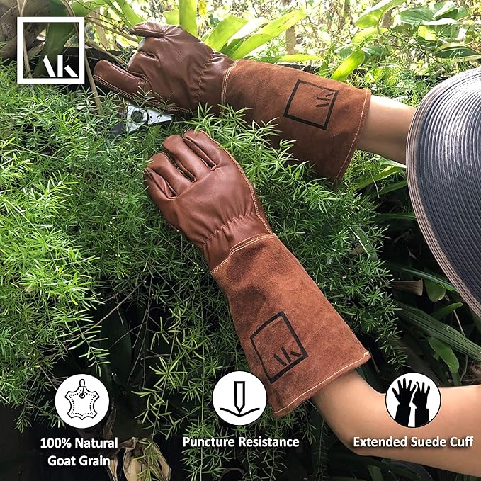 Rose Pruning Gloves, Leather Garden Gloves Long Gardening Gloves for Women and Men Rose Gloves Cut Proof Cowhide Suede Gauntlet Brown Garden Gloves Work Rose Gardening Gloves M