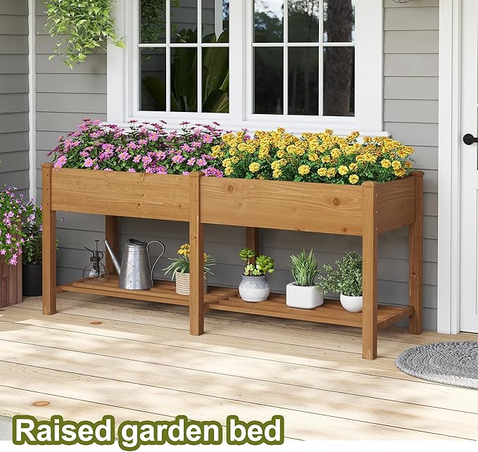 GHWIE Raised Garden Bed with Shelf,Elevated Wooden Planter Box with Legs,Garden Planter for Backyard, Patio, Balcony